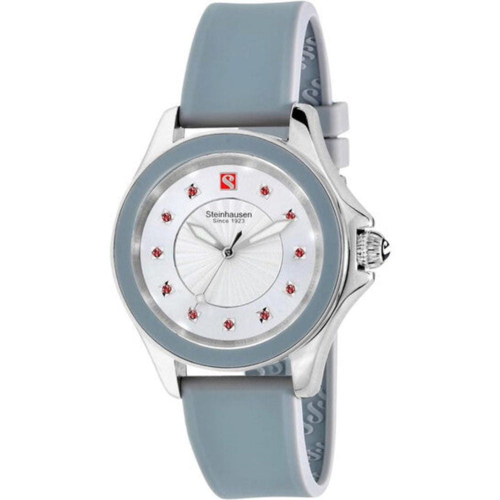 Wristwatch with gray strap and white face on a white background